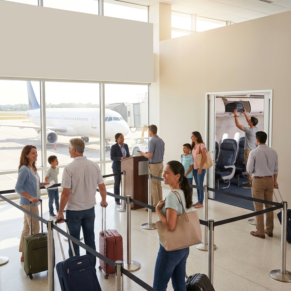 Boarding a plane calmly in peak summer season: what to do at the gate, what to keep accessible, and overhead bin etiquette